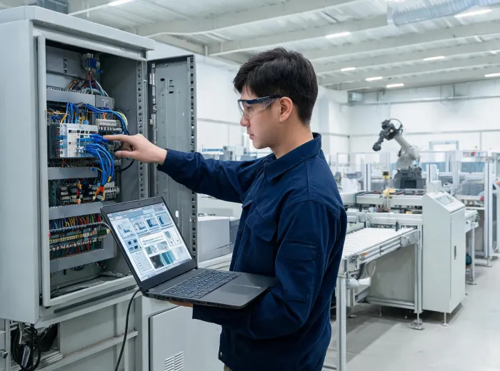 Controls engineer validating a PLC cabinet